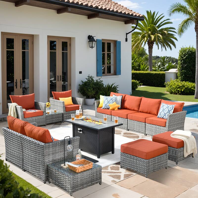 XIZZI 13-piece Outdoor Patio Wicker Furniture Set with Fire Table - Red/Orange