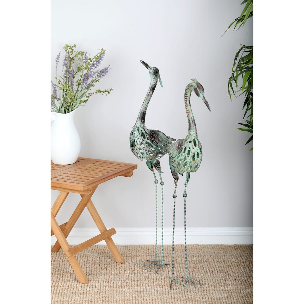 Green Metal Indoor Outdoor Crane Decorative Garden Sculpture (Set of 2)