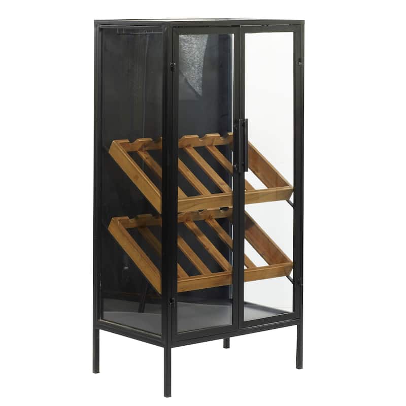 Metal 10 Bottle Standing Wine Rack with Wine Glass Holders and Wood Accents - Black or White - Roche River Decor - Black