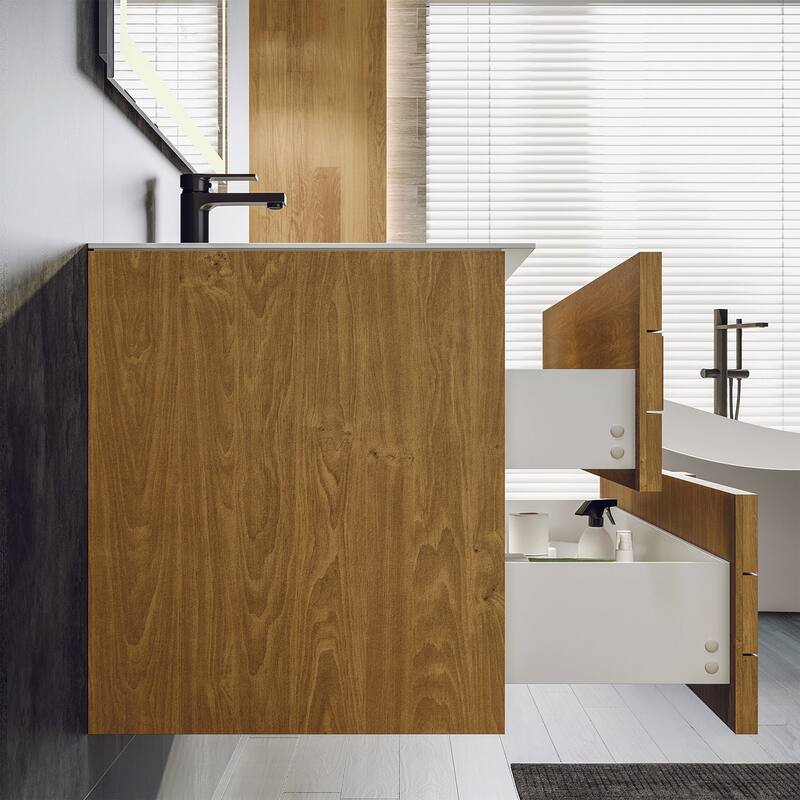 Mosaic 36"W Natural Oak Wall Mount Bath Vanity with Solid Surface Top