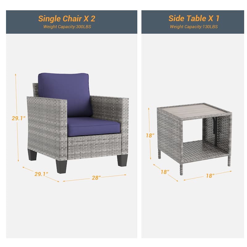LIVOOSUN 3-Piece Patio Sofa Set Gray Rattan Outdoor Chair with Side Table