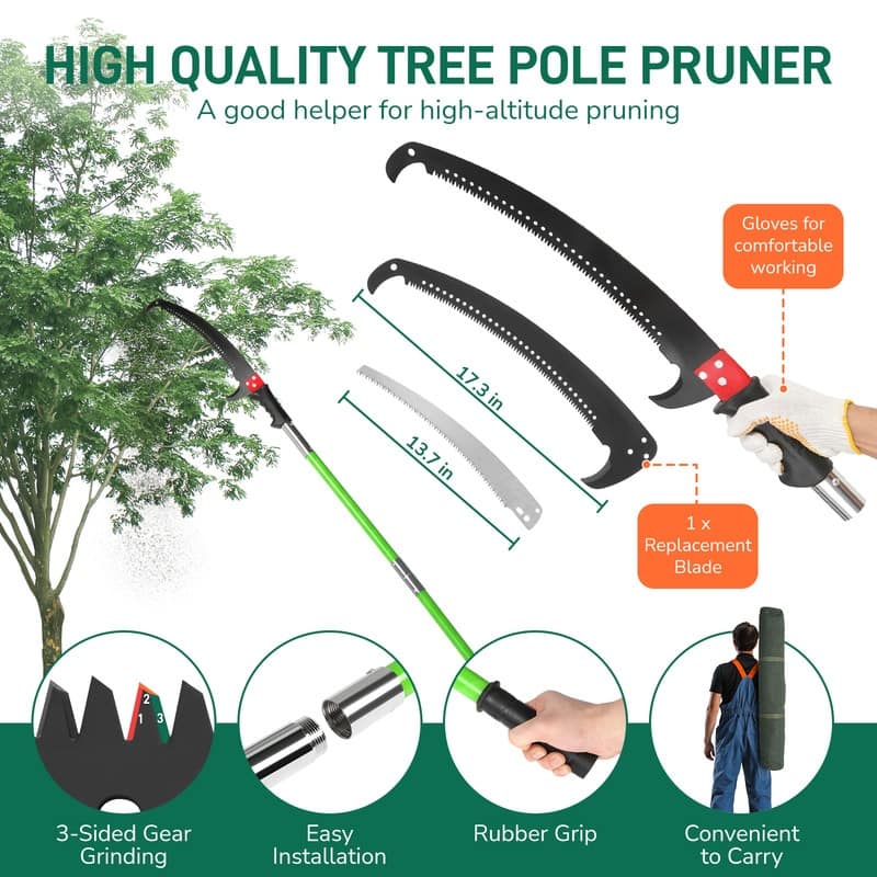 26FT Manual Pole Saw, Lightweight Tree Trimmers Long Handle Pruner Set Green.