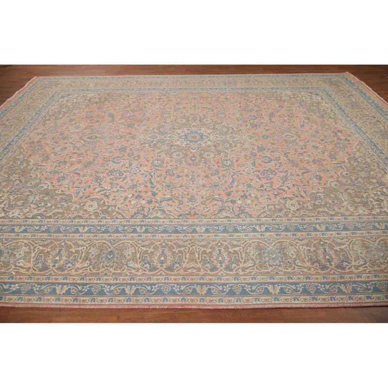 Hand Knotted Oriental 100% Wool Carpet Traditional Floral Pink Mashad Area Rug - 12' 7'' X 9' 6''