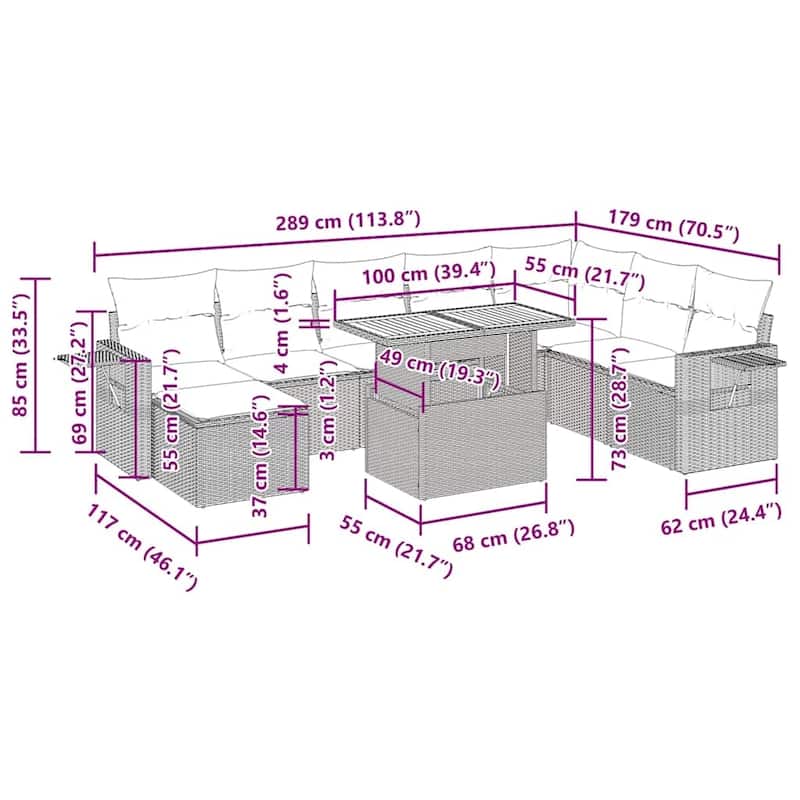 vidaXL Garden Sofa Set Black PE rattan 9 Piece Set Adjustable Armrests - 21.7 x 21.7 x 14.6
