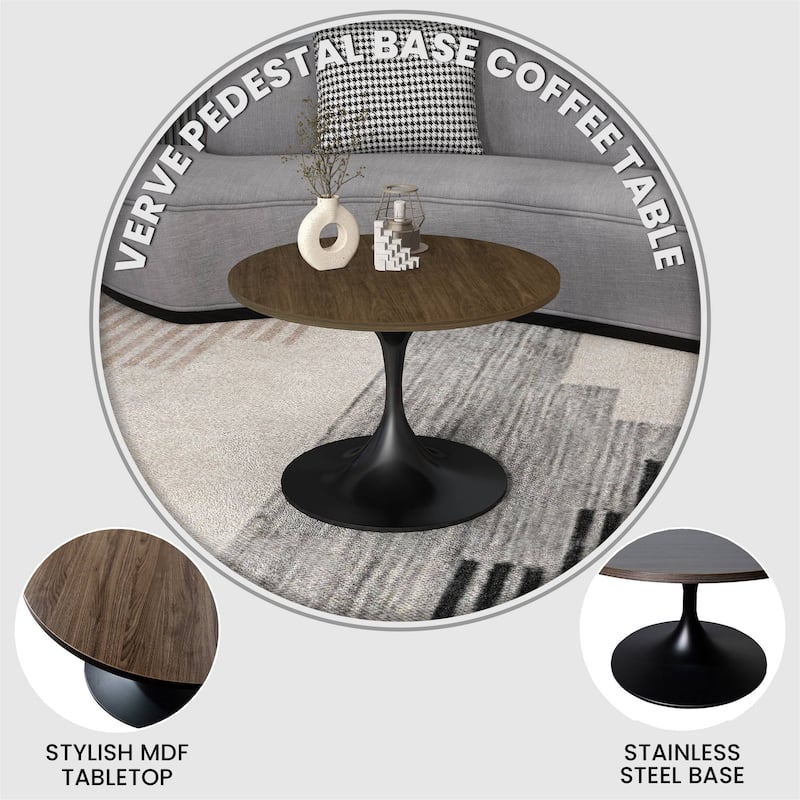 LeisureMod Verve 27" Round Coffee Table with MDF Wood TableTop and Black Steel Base for Living & Bedroom