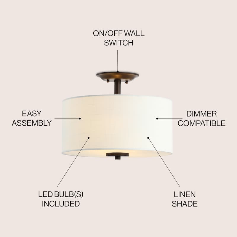 David 15" Metal LED Semi-Flush Mount, Oil Rubbed Bronze/White by JONATHAN Y
