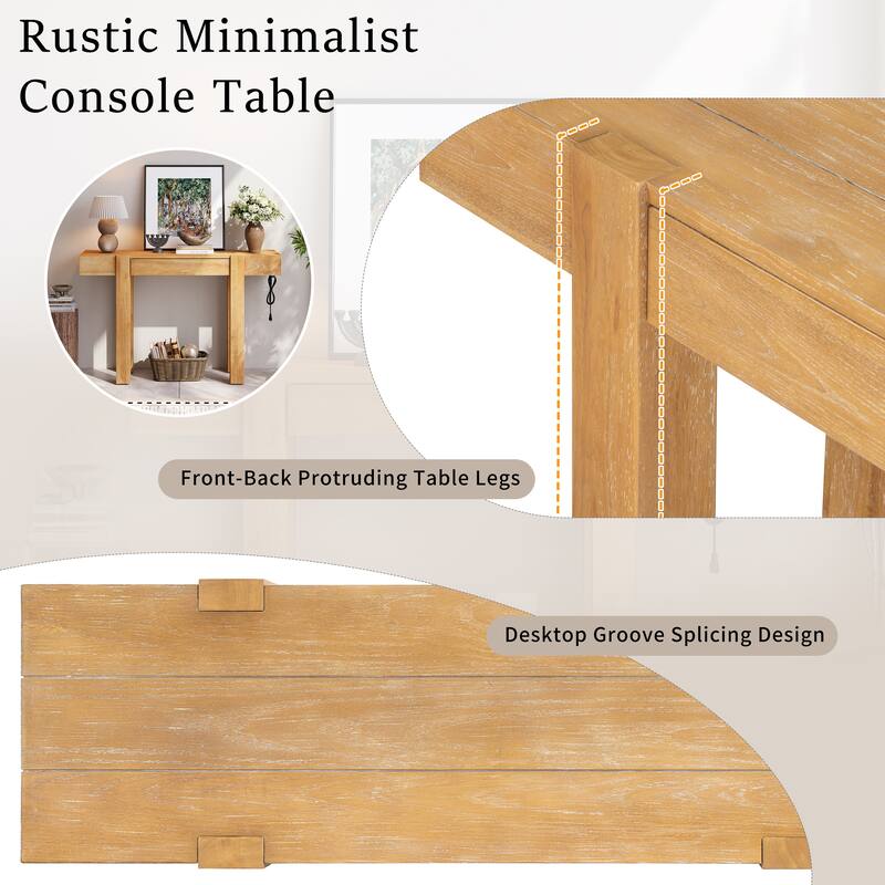Rustic Minimalist Console Table with Hidden Drawer, Side Power Outlet, Wood Entryway Table for Entryways, Living Rooms