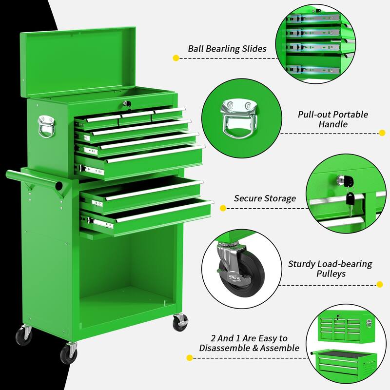 8-Drawer Rolling Tool Storage Cabinet with Detachable Top Tool Box