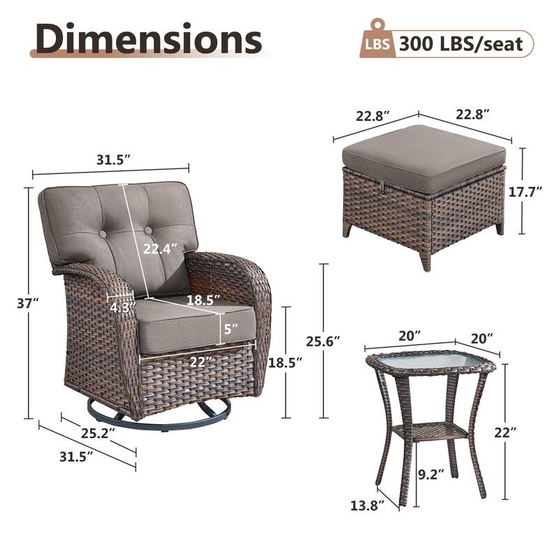TWrap Brown Wicker Patio 5-Piece Swivel Gliders Conversation Set with 5-Inch Thick Cushions