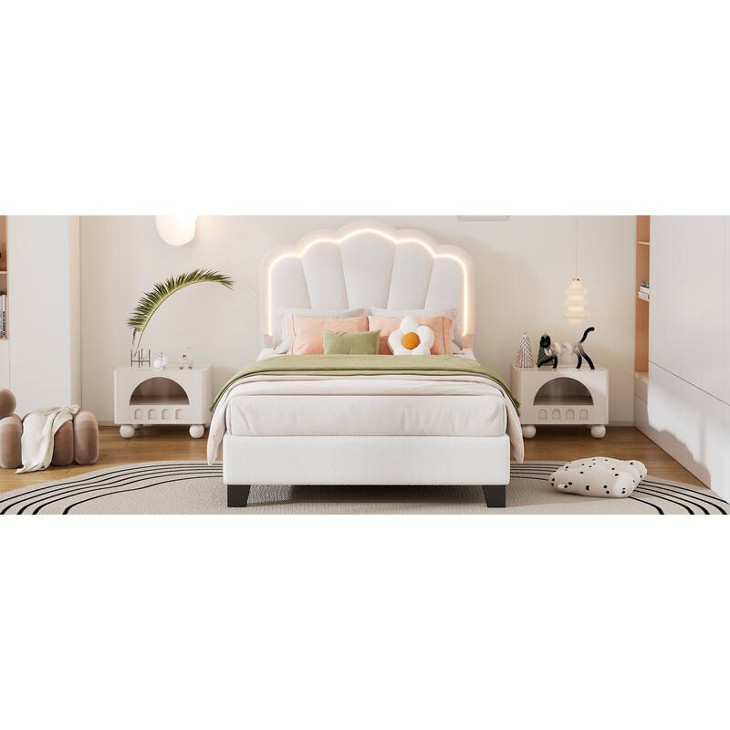 Sherpa Fabric Upholstered Platform Bed with Elegant Flowers Headboard and Wooden Slats Support