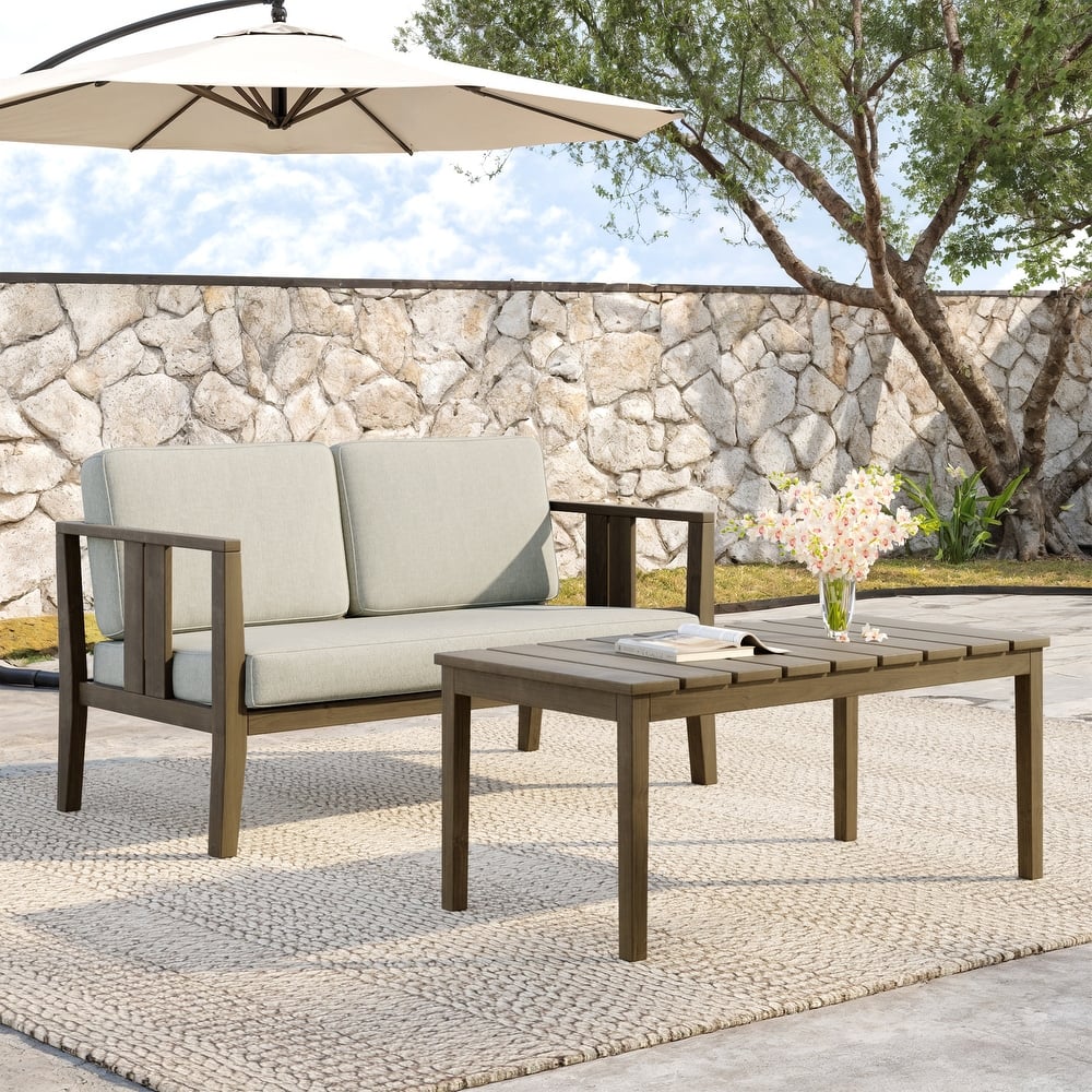 Teak Wood Water Resistant Outdoor Loveseat and Coffee Table Set (Set of 2)