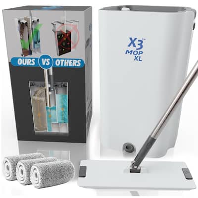 X3 Mop XL, Separates Dirty and Clean Water, 3-Chamber Design, Flat Mop and Bucket Set,3 Reusable Microfiber Mop Pads
