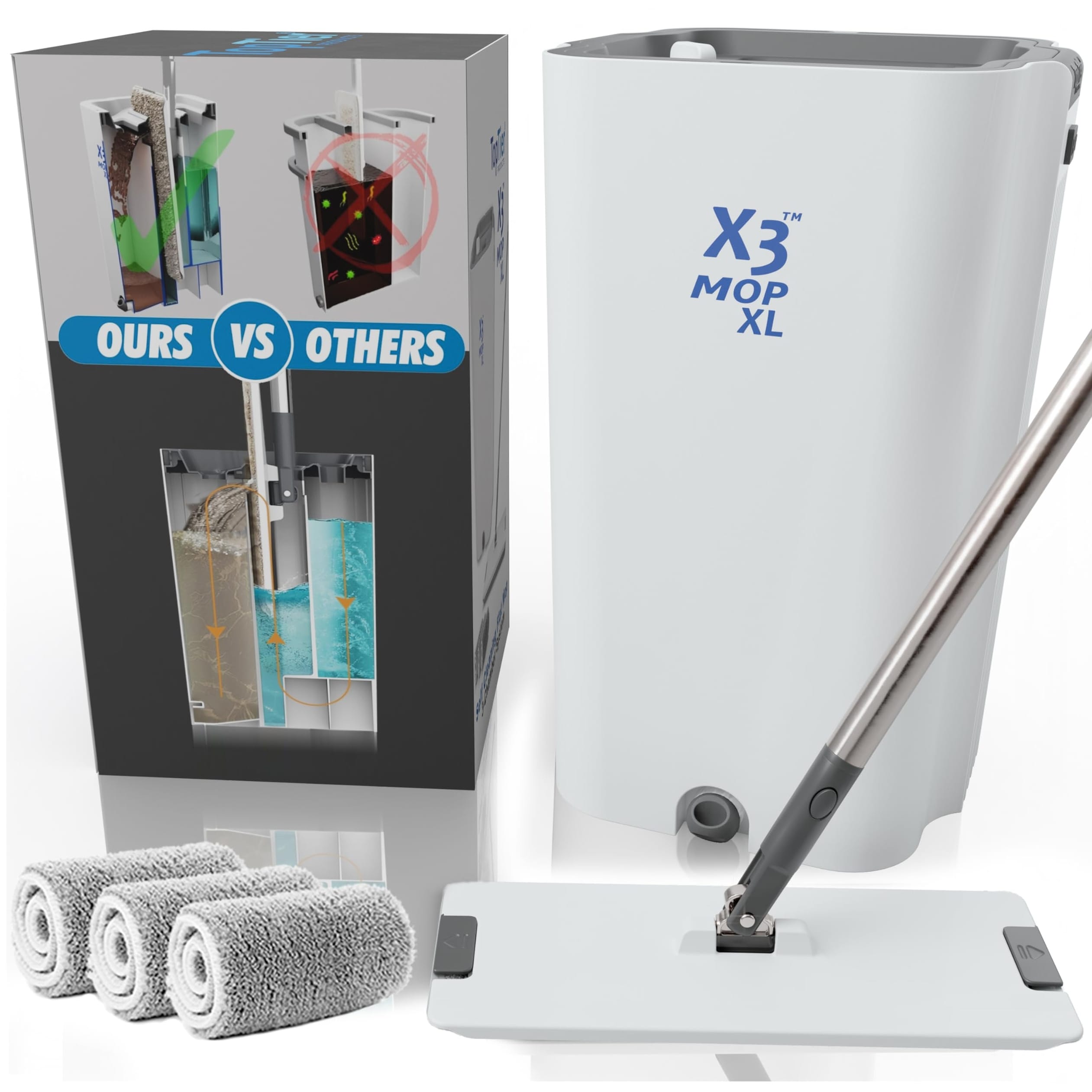 X3 Mop XL, Separates Dirty and Clean Water, 3-Chamber Design, Flat