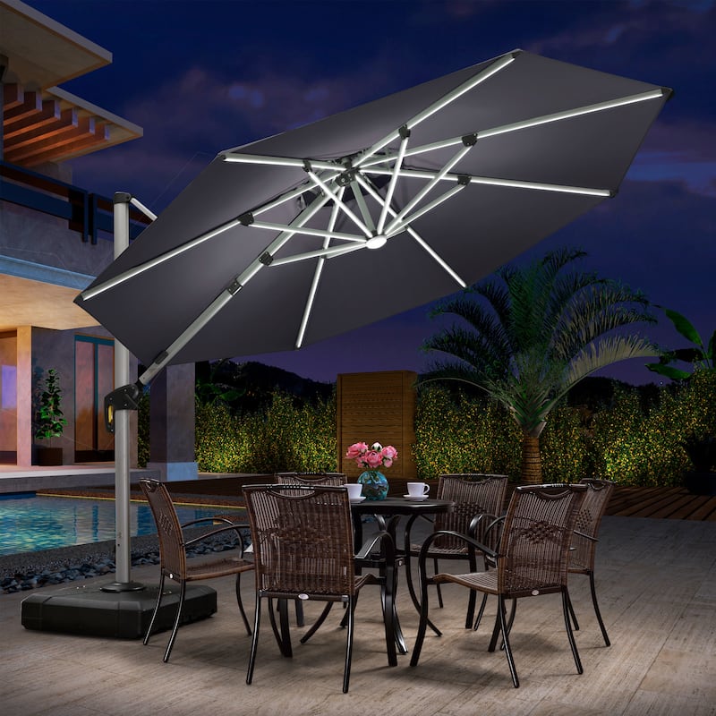PURPLE LEAF 11 ft Double Top LED Round Patio Cantilever Umbrella - Grey