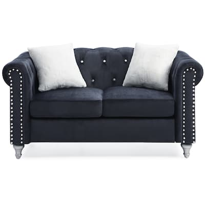 Tufted Faux Jewel Velvet 2-Seater Sofa with Throw Pillows - 60" - Black