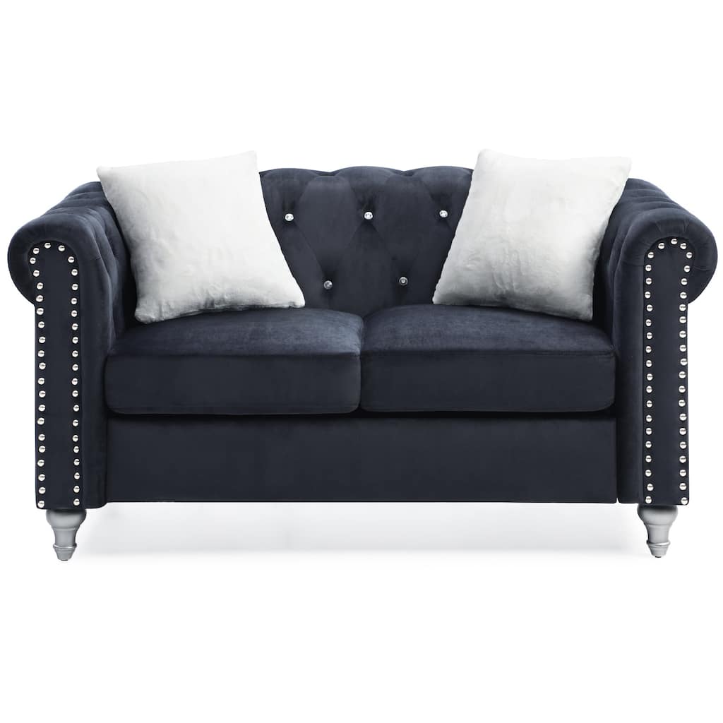 Tufted Faux Jewel Velvet 2-Seater Sofa with Throw Pillows - 60" - Black