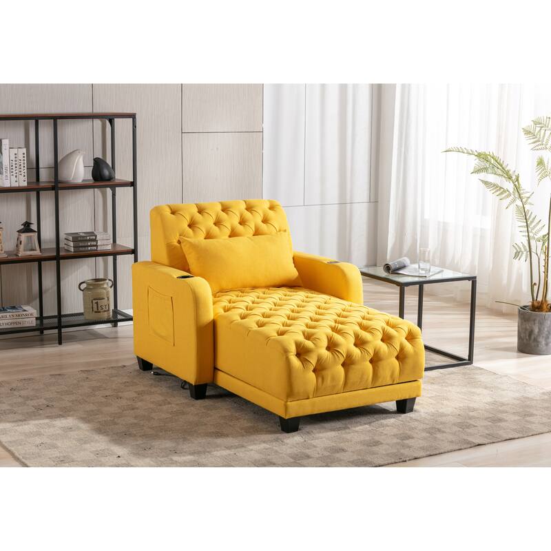 Linen Upholstered Multifunctional Tufted Wireless Charging Leisure Sleeper Armchair with 2 Cup Holders