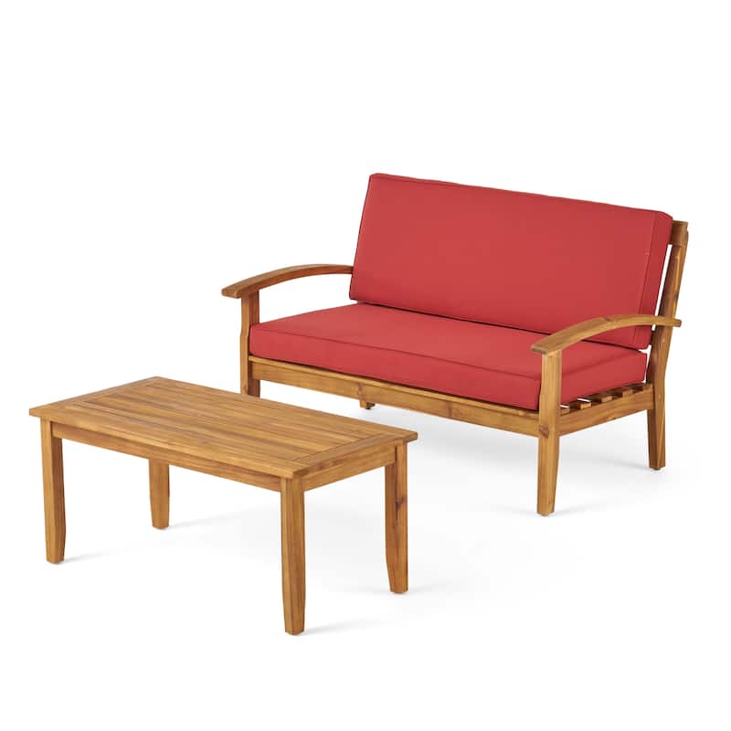 Peyton Outdoor Cushioned Acacia Wood Loveseat and Table Set by Christopher Knight Home