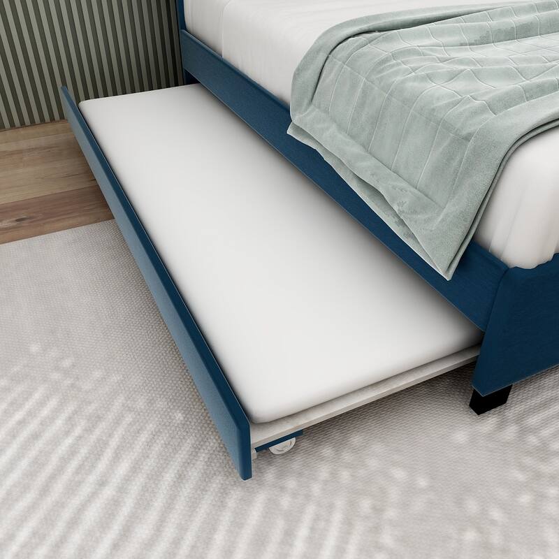 Queen Size Trundle Bed Upholstered Platform Bed Frame with Pull-Out Twin Trundle and Two Storage Drawers, No Box Spring Needed