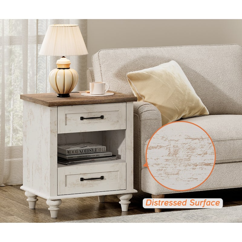 Farmhouse End Table Nightstands with Charging Station & Drawer