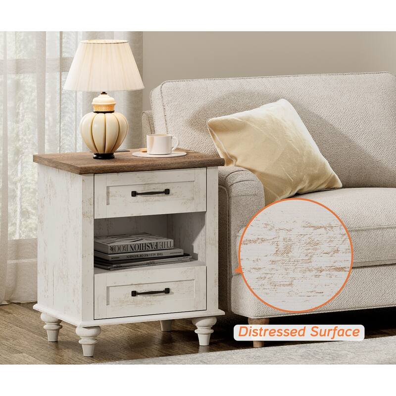 Farmhouse Nightstand Bedside Table, Wood 2-Drawer Side Table
