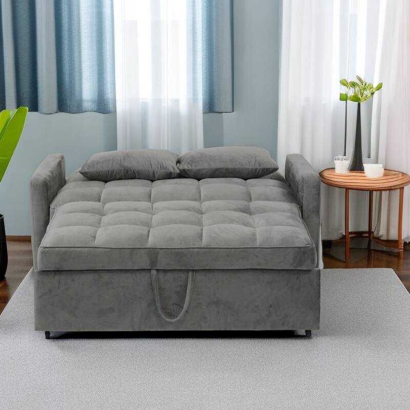 Velvet Convertible Sofa Bed with USB Ports and Storage Bag for Living Room or Guest Room