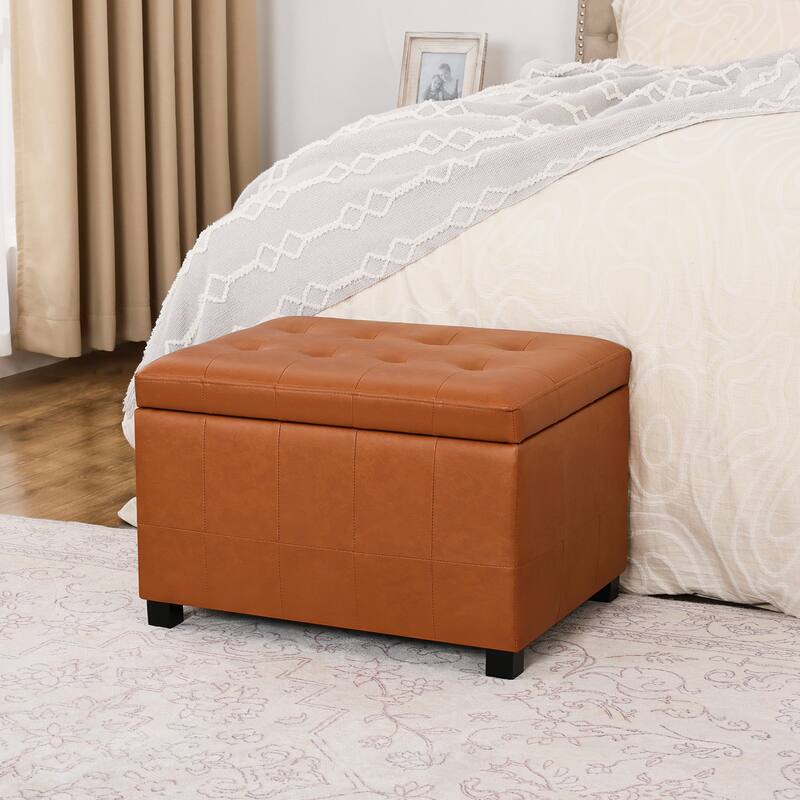 Adeco 24'' Faux Leather Storage Ottoman Bench with Tufted Top