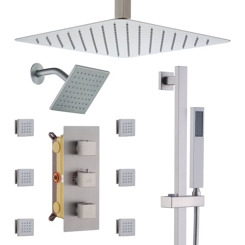 CASAINC Dual Heads High Pressure 16 Inch 4 Function Shower Head Shower System with Sliding Rod Handheld Shower and 6 Body Jet - Brushed Nickel