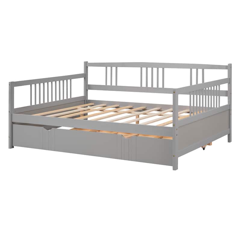 Full Size Wooden Daybed Frame with Twin Trundle and Rails, Solid Pine Wood Bed Convertible Lounge Sleeper Sofa Bed