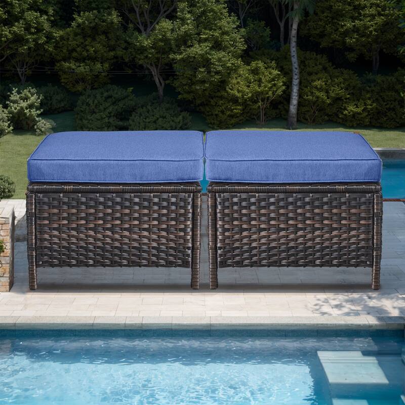 Gymojoy Patio PE Rattan Ottoman with Cushion - Brown - Blue