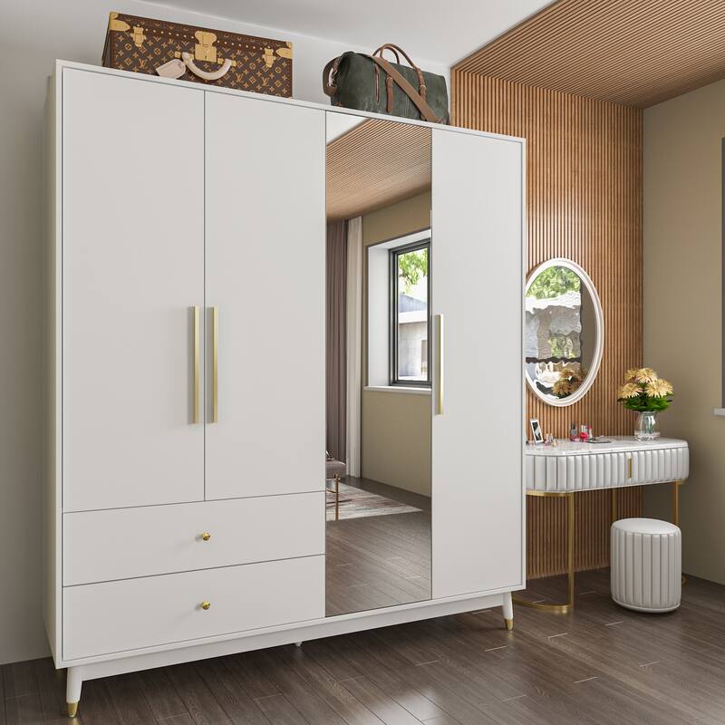 Wooden 2 Drawers 4 Doors Wardrobe Armoire With Mirror (Gray/Black)