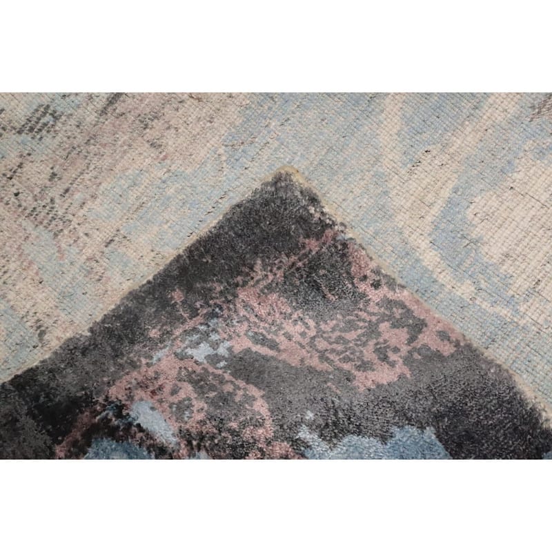 Hand Knotted Oriental Viscose Silk Carpet Modern Pictorial Navy Blue & Blues Abstract Area Rug - 6' 4'' X 4' 8''