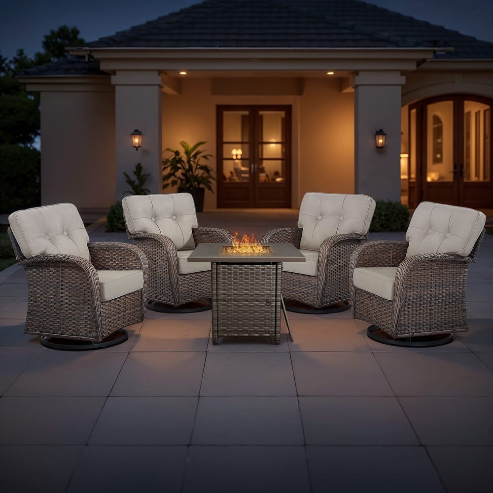 TWrap 5-Piece Wicker Patio Fire Pit Conversation Set with Swivel Gliders and 5-Inch Cushions