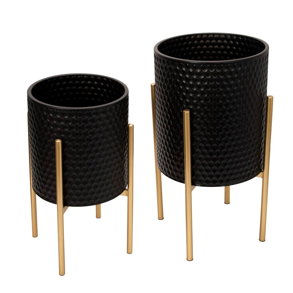 Set of 2 Honeycomb Planter Pots on Metal Stands, Indoor Outdoor, Black and Gold, 14 L x 14 W x 23 H - 14" x 14" x 23"