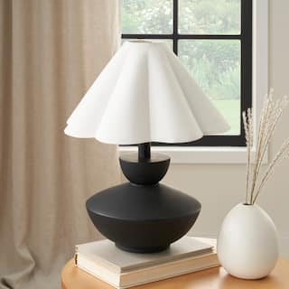 Nourison 18" Black Wooden Table Lamp with Fluted Shade