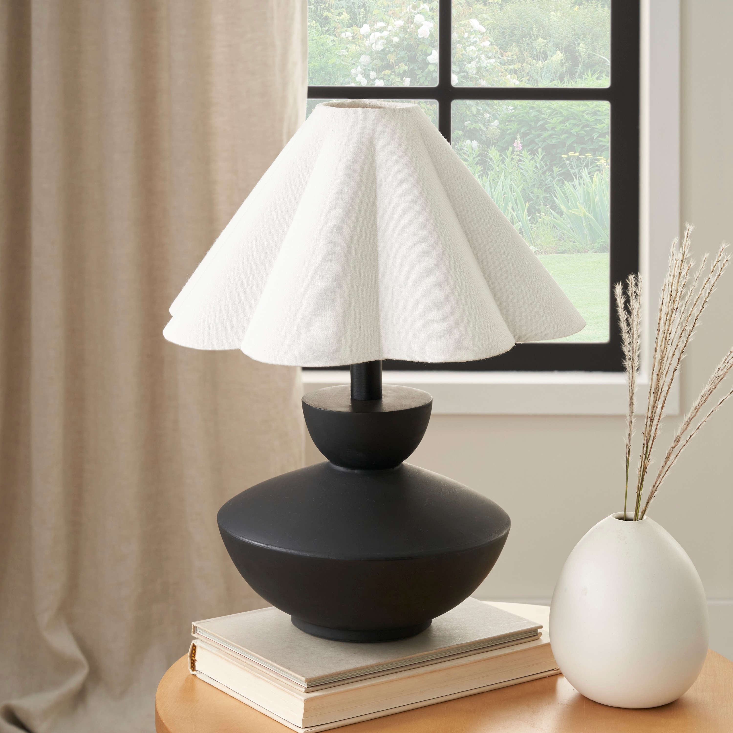 Nourison 18" Black Wooden Table Lamp with Fluted Shade
