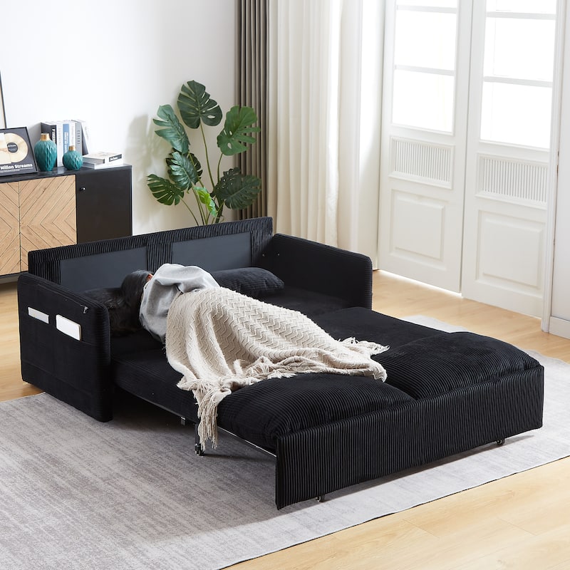 64.5" Loveseat Sofa with Pullout Bed,Corduroy Convertible Sleeper Sofa