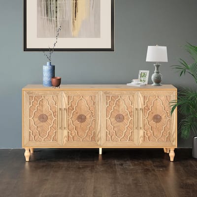 Carved Flower Door Large Storage Cabinet With Metal Handle Suitable For Living Room, Kitchen, Entryway
