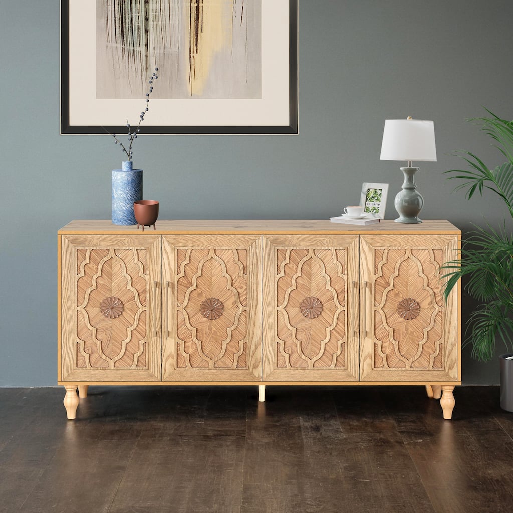 Carved Flower Door Large Storage Cabinet With Metal Handle Suitable For Living Room, Kitchen, Entryway