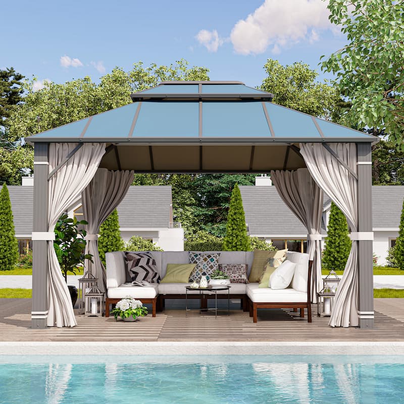 EROMMY Hardtop Gazebo, Waterproof Aluminum Pavilion with Netting & Curtains for Patio, Garden - 10'x12' - Dusty Blue