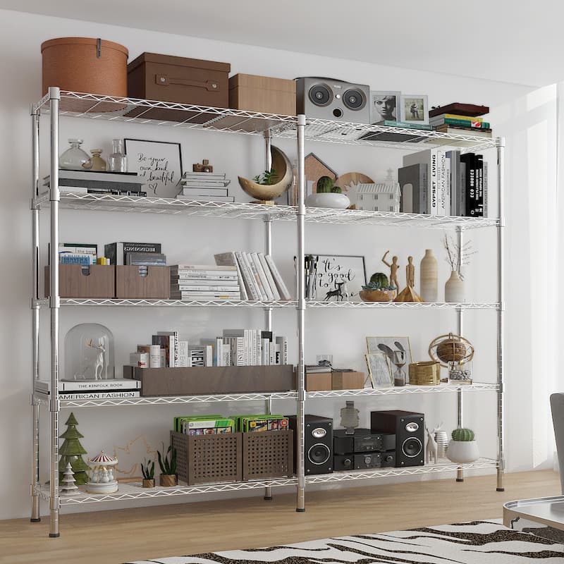 Expandable 5-Tier Chrome Finish Metal Storage Rack with Adjustable Shelf for Home and Office - 147×35×150cm