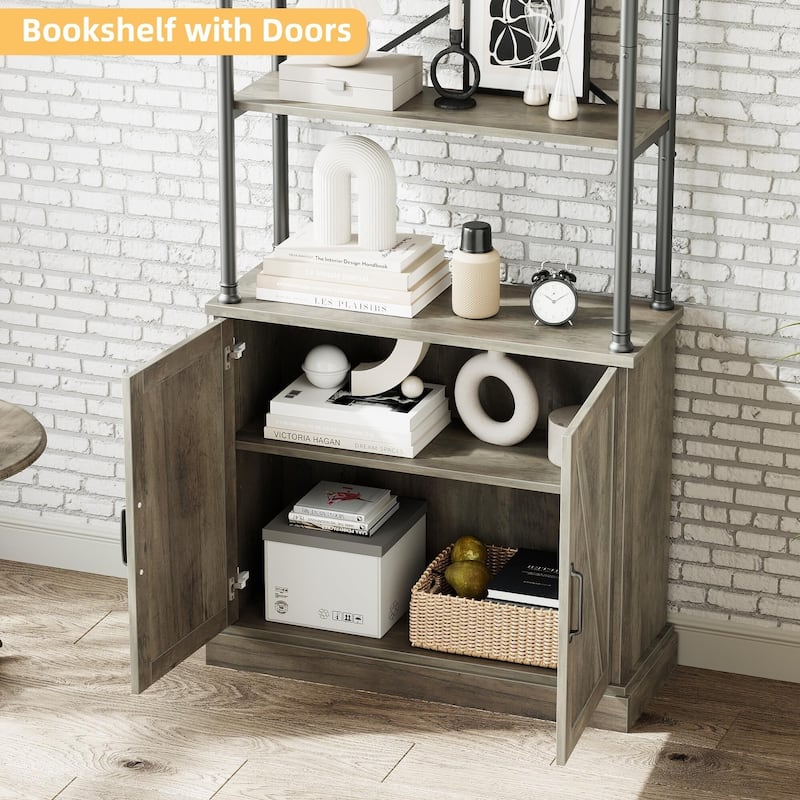73''H Industrial Floor Standing Bookcase with Doors 5 Story Display Storage
