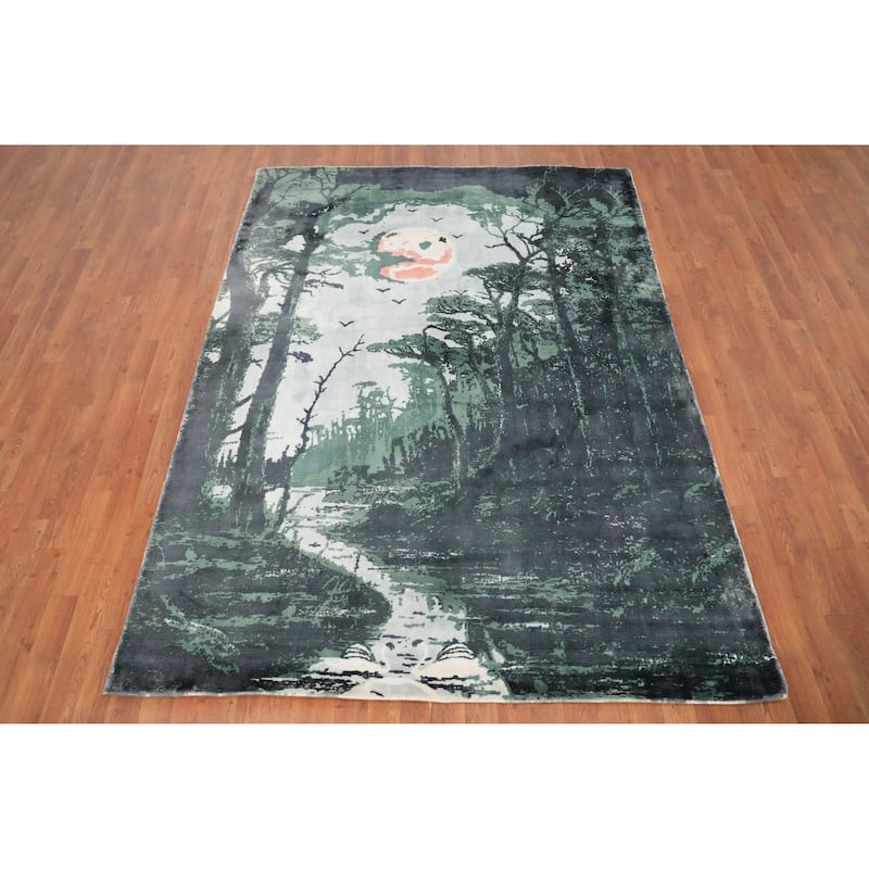 Hand Knotted Oriental Viscose Silk Carpet Modern Pictorial Green Abstract Area Rug - 7' 10'' X 5' 9''