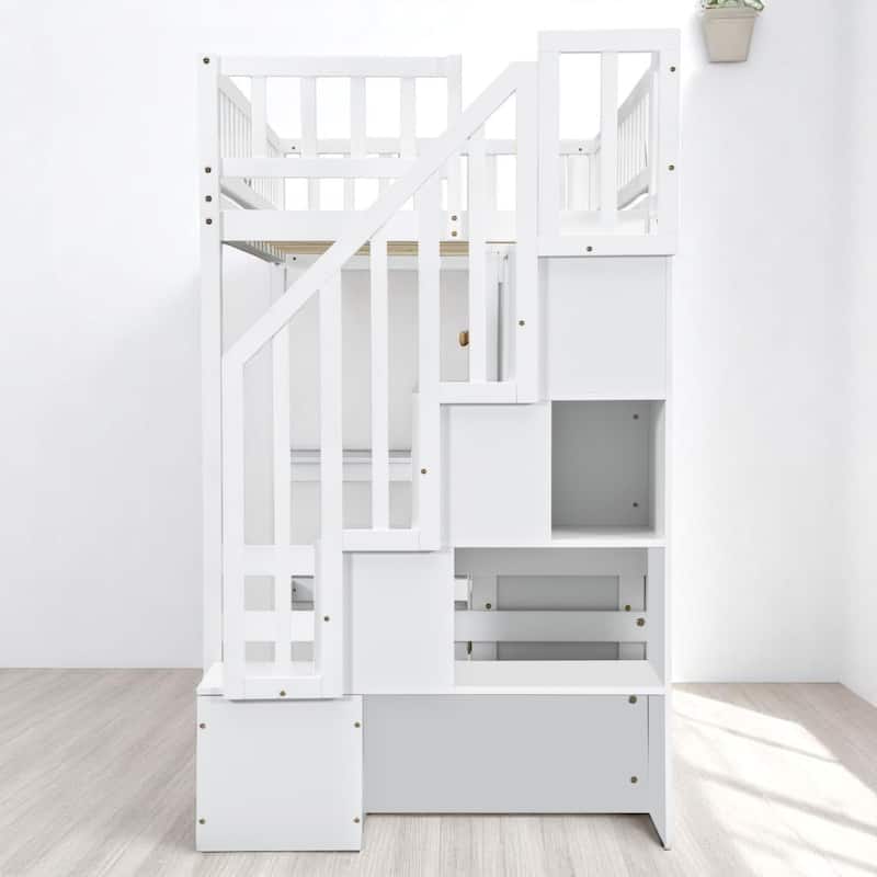 Wood Twin Loft Bed with Desk, 6 Cabinets, LED Strip, Shelves & Stair Storage - No Box Spring Needed