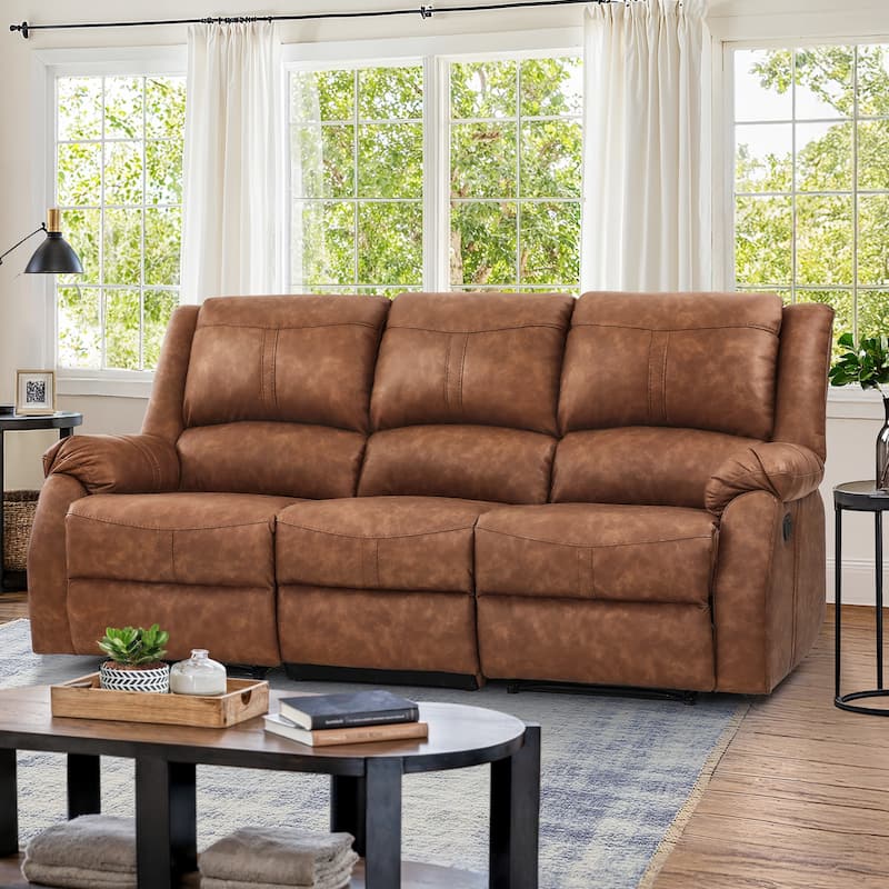 Manual Recliner,Faux Leather Reclining Sofa Set, 3-Seater Reclining Sofas For Living Room - 80.7"W X 37.4"D X 39.8"H - light brown