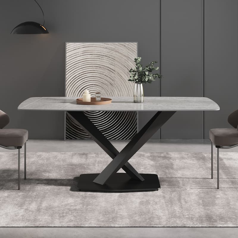 71" Modern Dining Table with Slate Stone Top and Metal Legs, Marble Dining Table