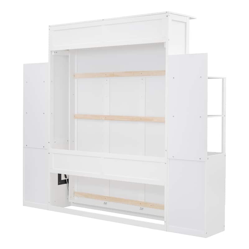 Murphy Bed Foldable Bed with Two 4-Layer Shelves Space Optimizing Wall Bed with 4 Drawers and LED Lights for Bedroom Apartment