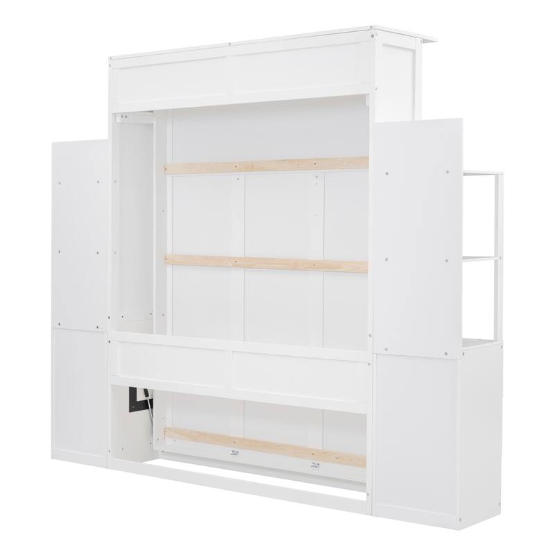 Queen Murphy Bed with Shelves & Drawers - Modern Wall Bed with Built-in LED Lighting, Space Saving Foldable Bed System