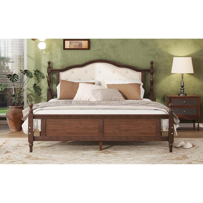 Roomfitters Queen Pine Wood Bed Frame with Upholstered Headboard and Panel Footboard, Reinforced Platform Support Design, Walnut