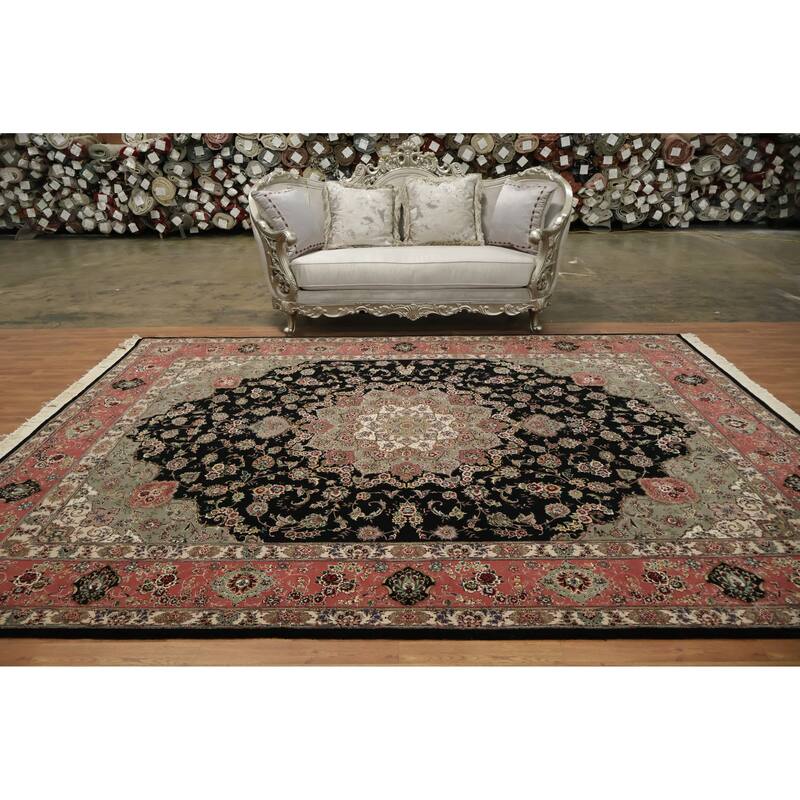 Hand Knotted Oriental Wool & Silk Carpet Traditional Floral Black Tabriz Area Rug - 11' 9'' X 9' 1''